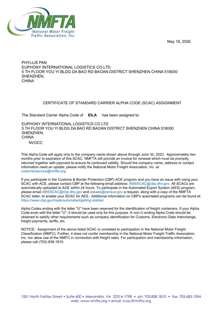 SCAC code (NMFTA) certificate