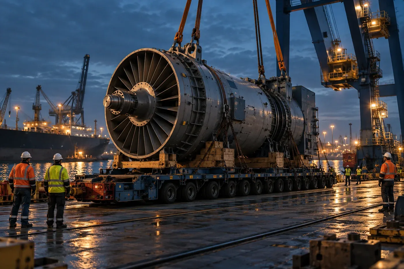Illustrative image: power plant turbine prepared for heavy-lift transport at a port
