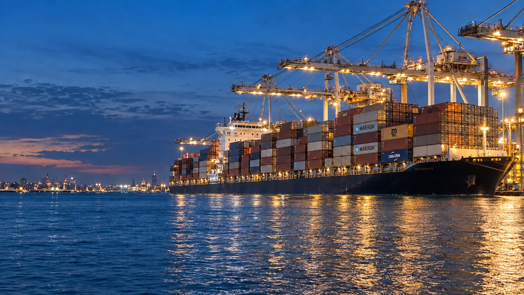 Container ship alongside illuminated port cranes at blue hour.