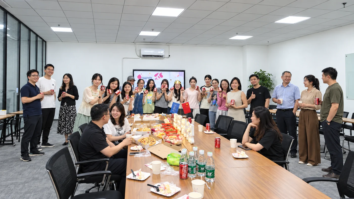 Team members gathered for a celebration